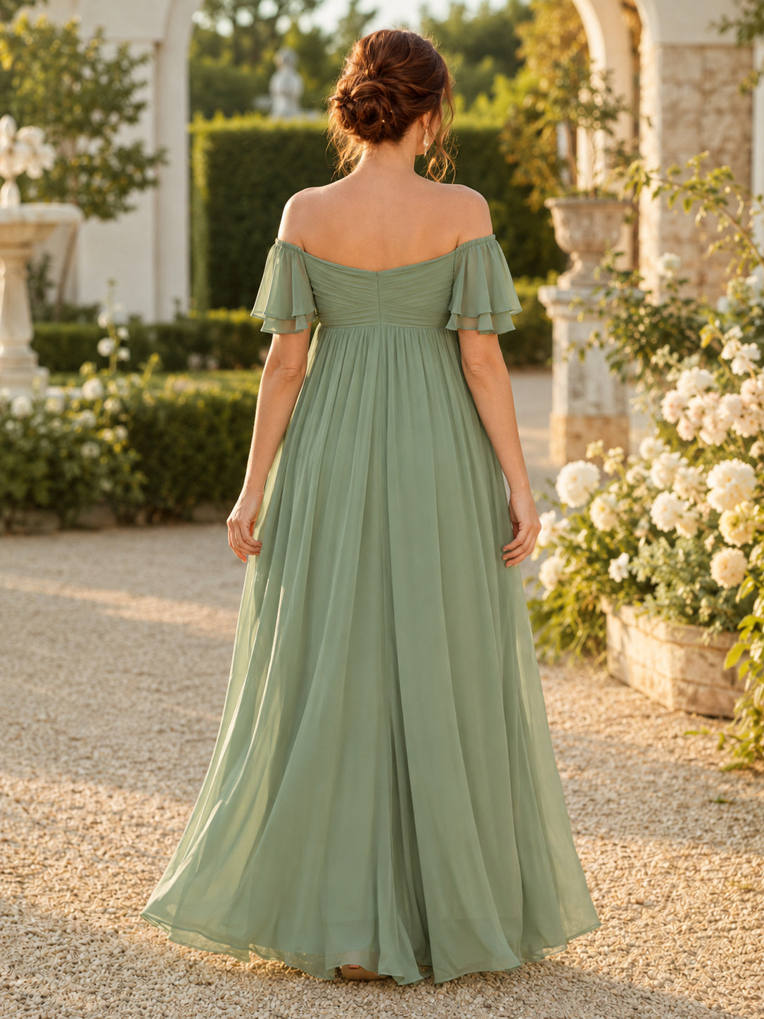 Maternity Sage Off Shoulder Flutter Sleeve Empire Floor Length Dress back view