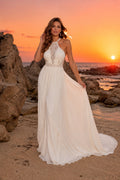 Ivory Halter V-Neck Chiffon A-Line Wedding Dress Side Cutout Back for Bridal Ceremony and Reception front view