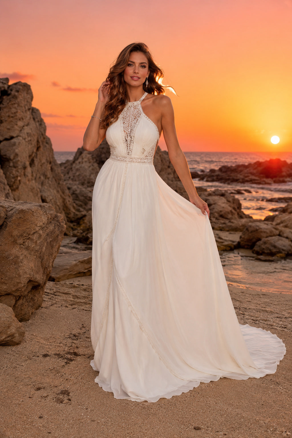 Ivory Halter V-Neck Chiffon A-Line Wedding Dress Side Cutout Back for Bridal Ceremony and Reception front view