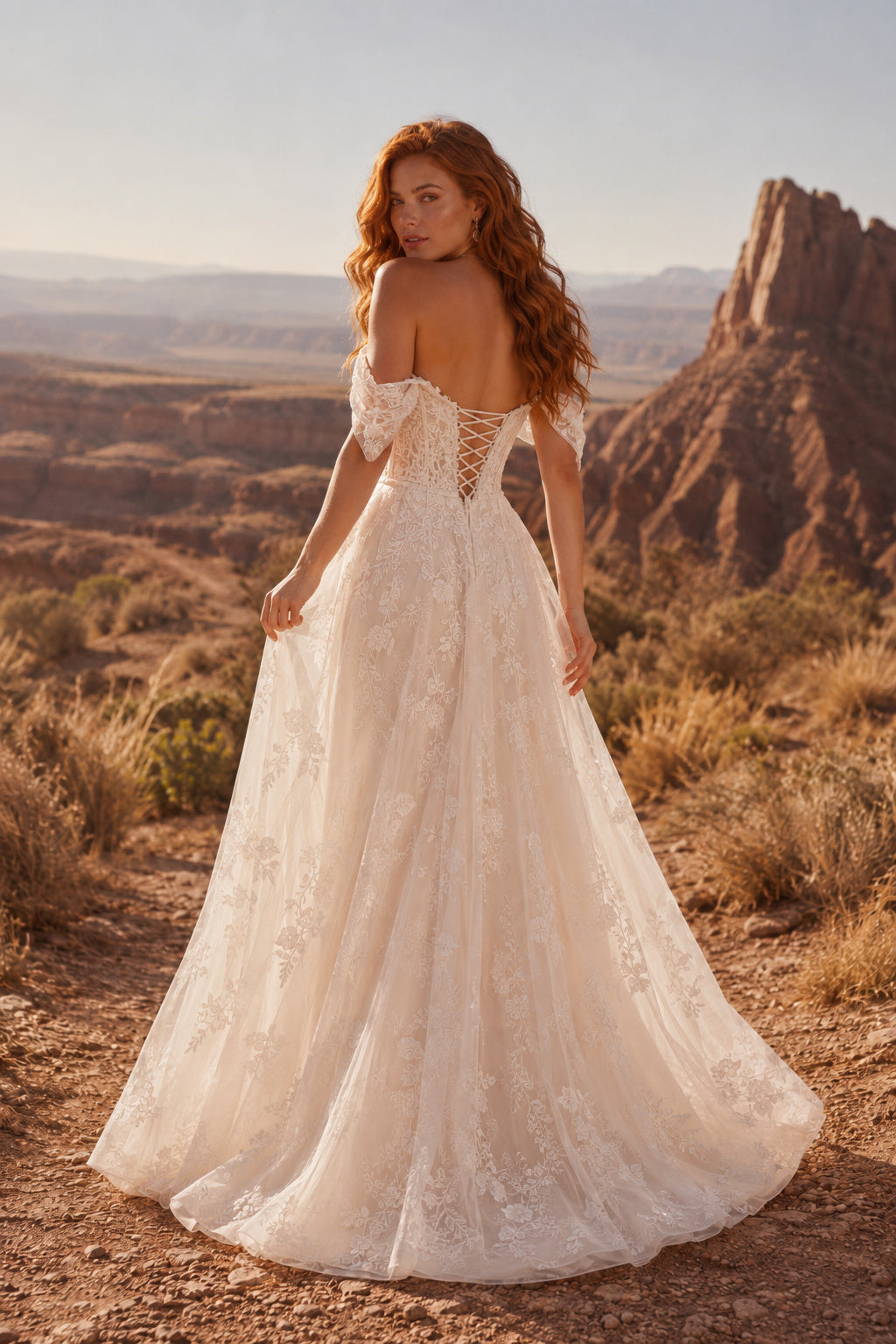 Ivory Off Shoulder Lace Tulle A-Line Wedding Dress Split Front for Wedding Ceremony and Reception back view