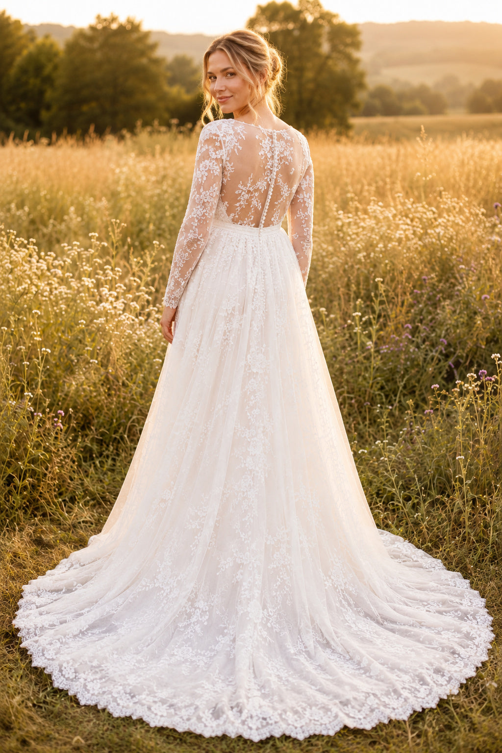 Ivory Long Sleeve Lace Maternity Wedding Dress with V-Neck and Lace Train back view