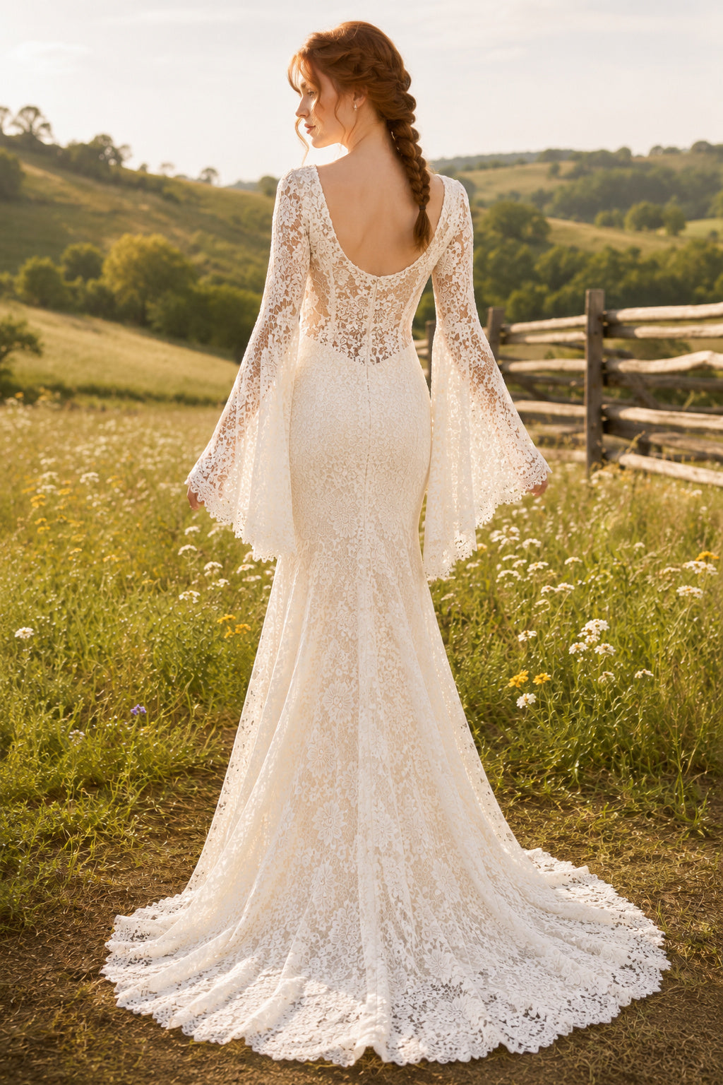 Square Neck Bell Sleeve Mermaid Wedding Dress with Allover Lace and Sweep Train for Rustic Garden Ceremony back view