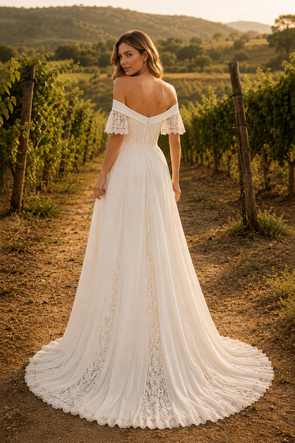 Ivory Off-the-Shoulder Chiffon A-Line Wedding Dress with Lace Trim and Soft Train back view