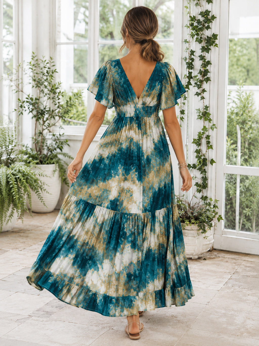 Teal Tie Dye V-Neck Flutter Sleeve Tiered Maxi Dress back view