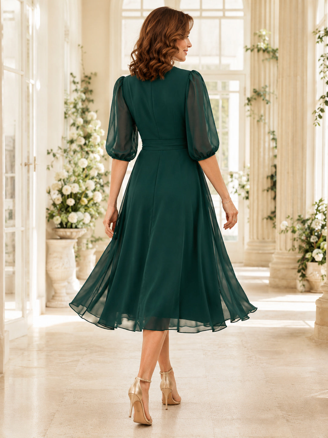 Dark Green Puff Sleeve Chiffon Midi Dress back view