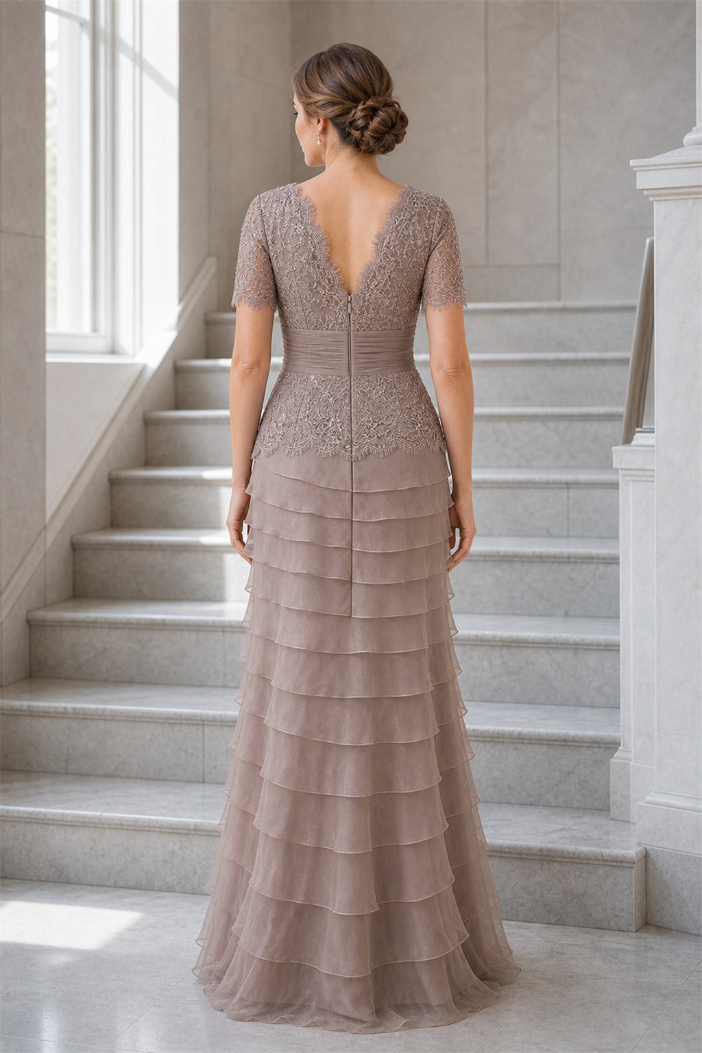 Taupe V-neck Half Sleeve Sheath Chiffon Floor-Length Dress With Tiered Skirt