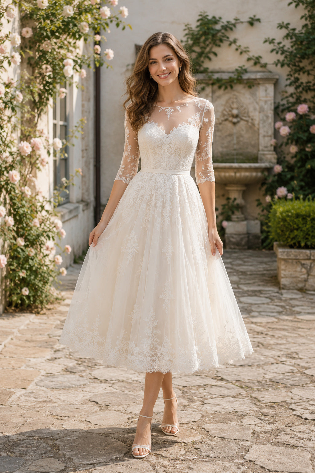 Ivory Bateau Long Sleeve Lace Tea Length Wedding Dress for Wedding Reception and Party Style MG_700981 front view