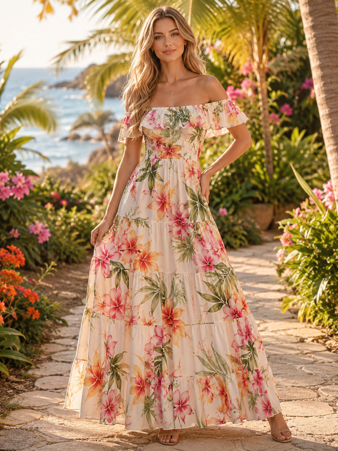 Pink Island Floral Off Shoulder Tiered Chiffon Maxi Guest Dress front view