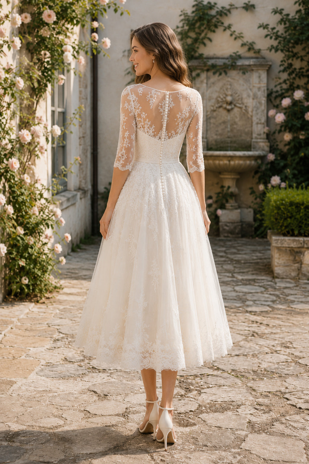 Ivory Bateau Long Sleeve Lace Tea Length Wedding Dress for Wedding Reception and Party Style MG_700981 back view