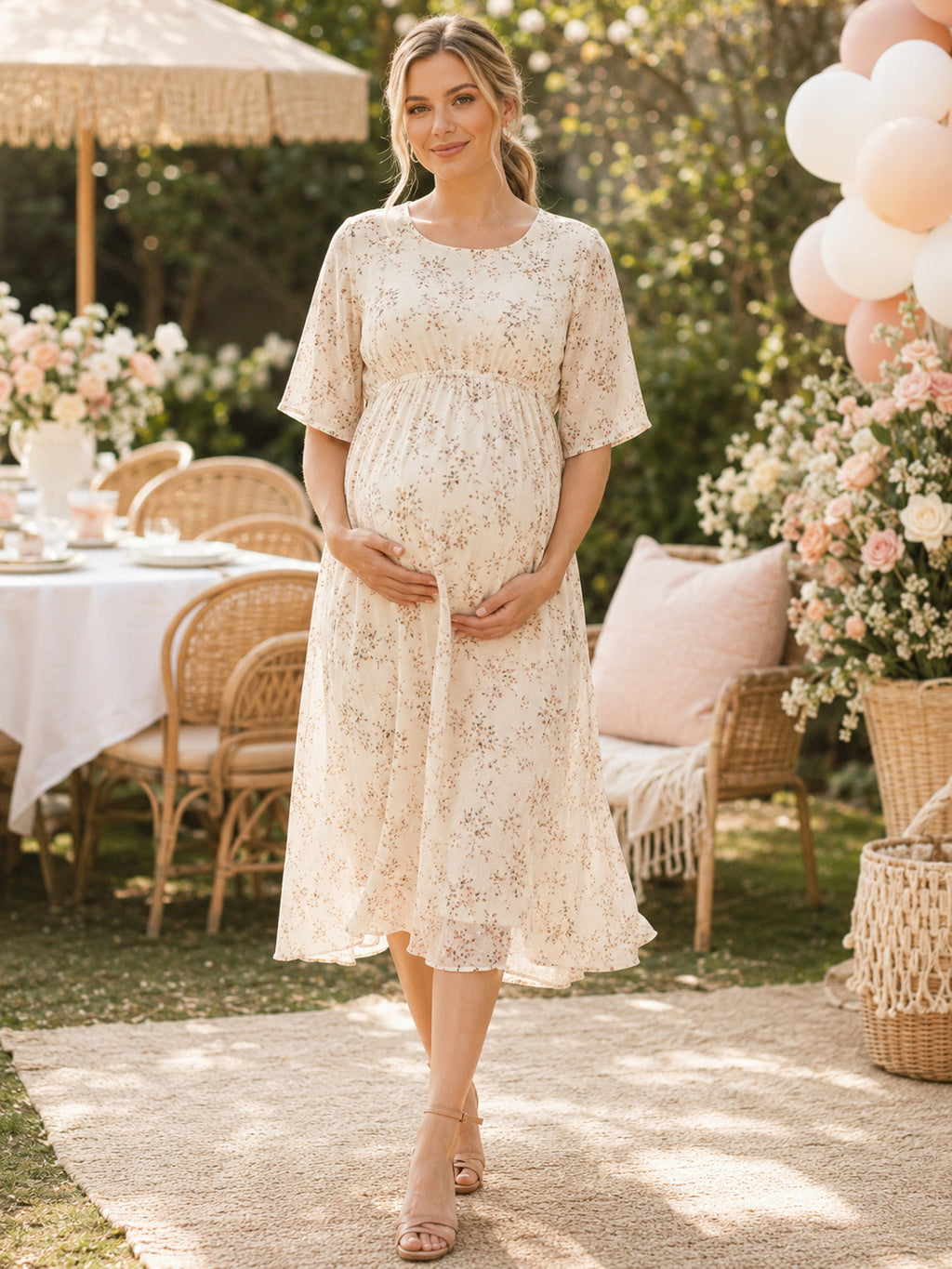 Cream Floral Maternity Jewel Neck Half Sleeve Chiffon Tea Length Modest Garden Dress front view