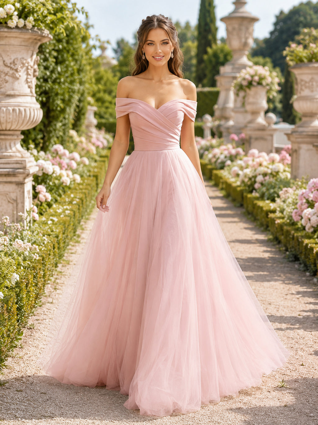 Blush Off Shoulder Ruched Tulle Ball Gown Prom Dress front view