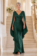 Dark Green V-Neck Sheath Mother Dress with Cape Sleeves and Draped Skirt for Evening Reception front view