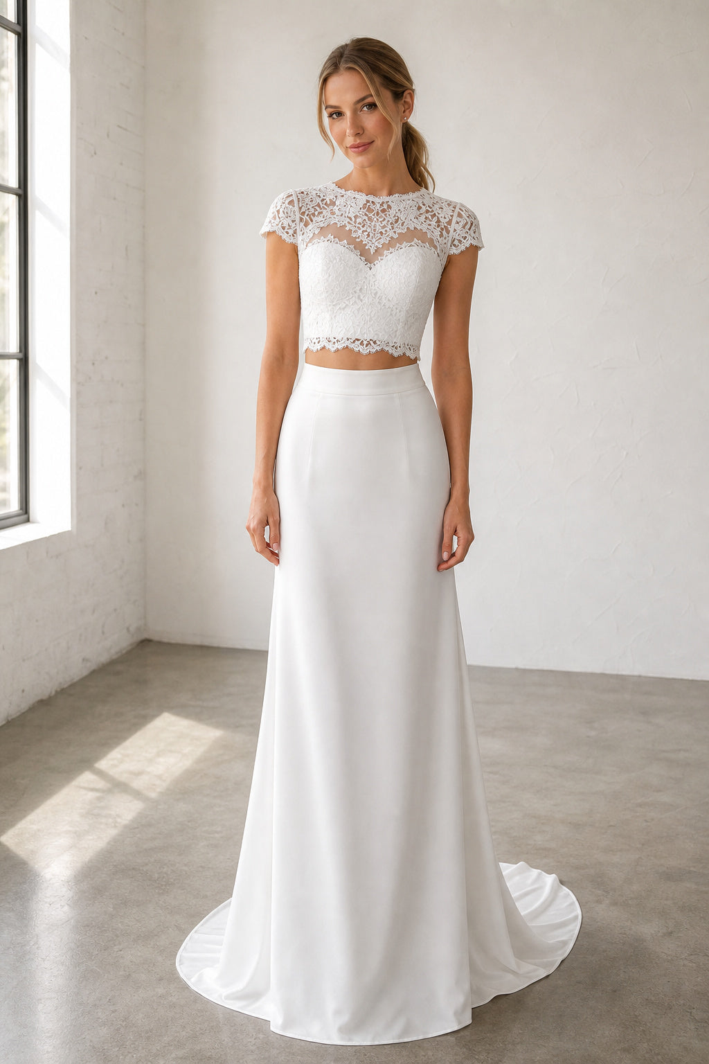 White Illusion Short Sleeves Two-Piece Crepe, Lace Floor-length Wedding Dress With Lace and Two-Piece and Open Back