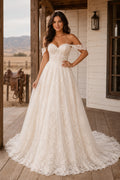 Off the Shoulder A-Line Wedding Dress with Full Lace Skirt and Sweep Train for Rustic Garden Ceremony front view