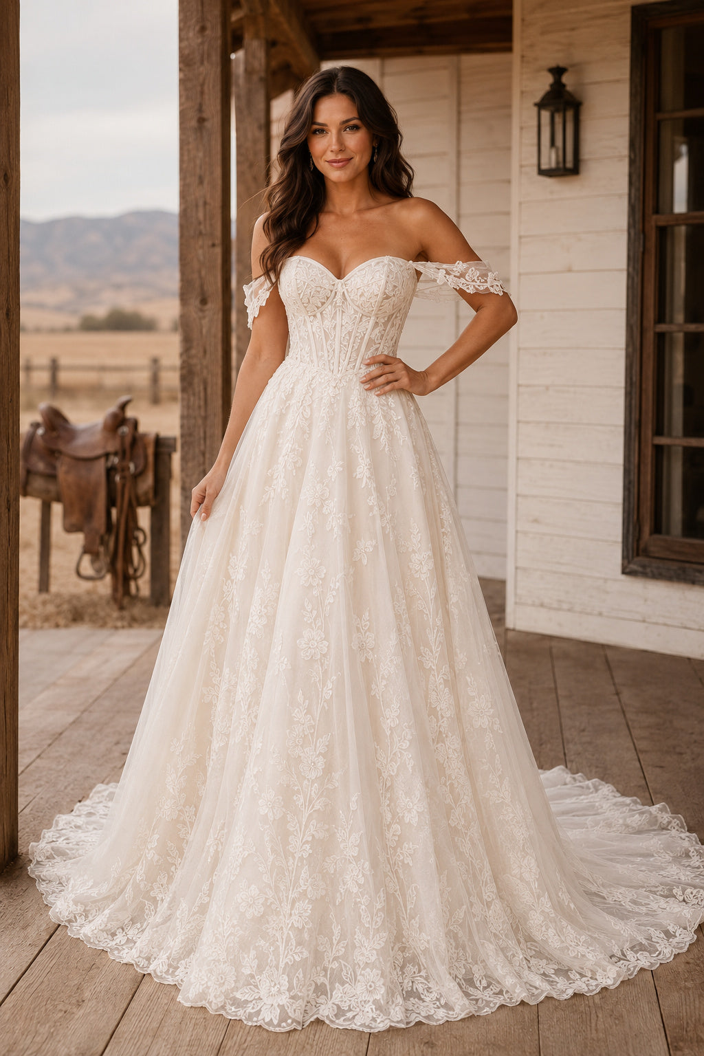 Off the Shoulder A-Line Wedding Dress with Full Lace Skirt and Sweep Train for Rustic Garden Ceremony front view