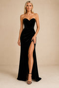 Black Strapless Velvet Mermaid Evening Dress with Sweetheart Neck and Side Split front view