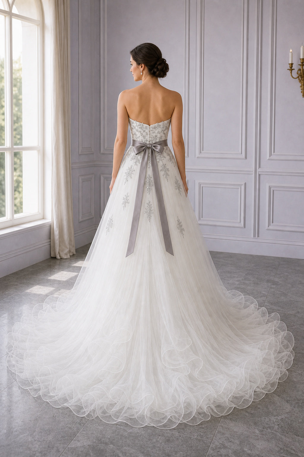 Ivory Sweetheart A-Line Tulle High-low Wedding Dress With Sash and Beading