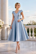 Sky Blue V-Neck Satin Tea-Length Dress with Puff Sleeves and Bow Back front view