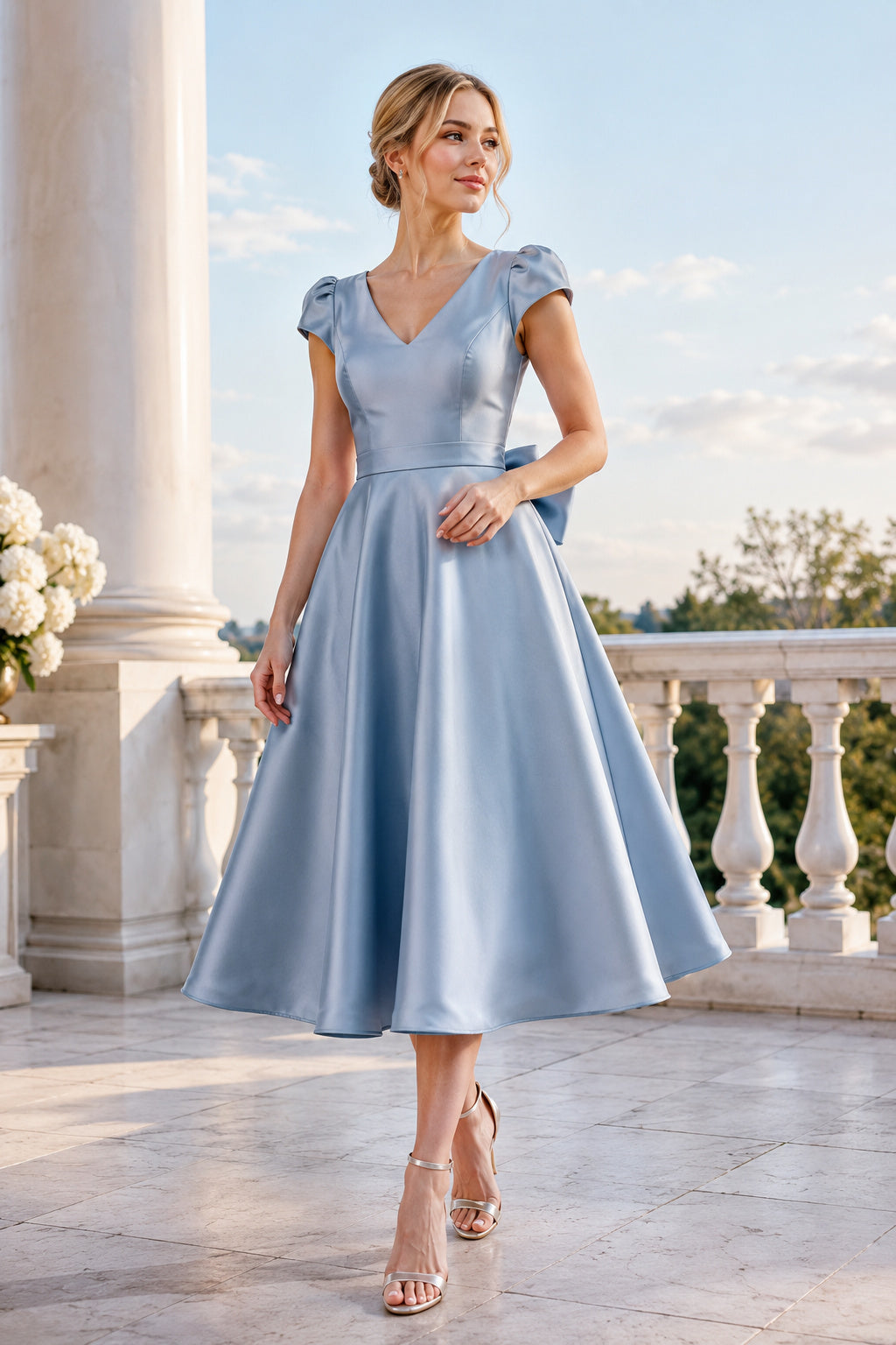 Sky Blue V-Neck Satin Tea-Length Dress with Puff Sleeves and Bow Back front view
