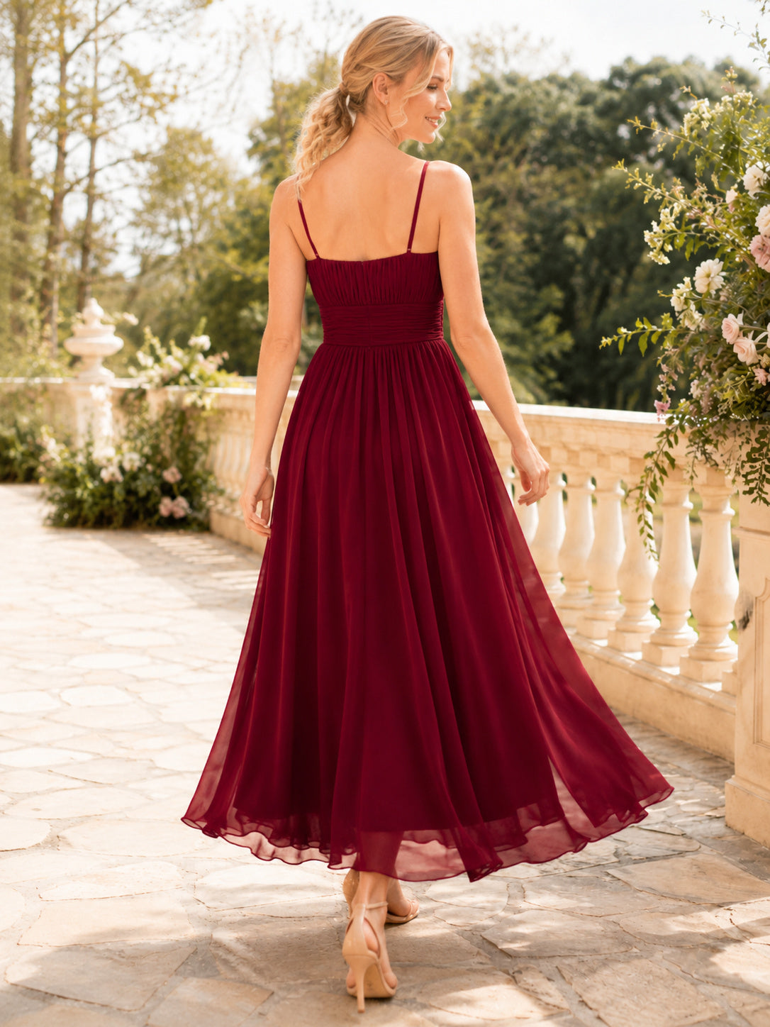 Burgundy spaghetti strap chiffon tea length A line occasion dress back view