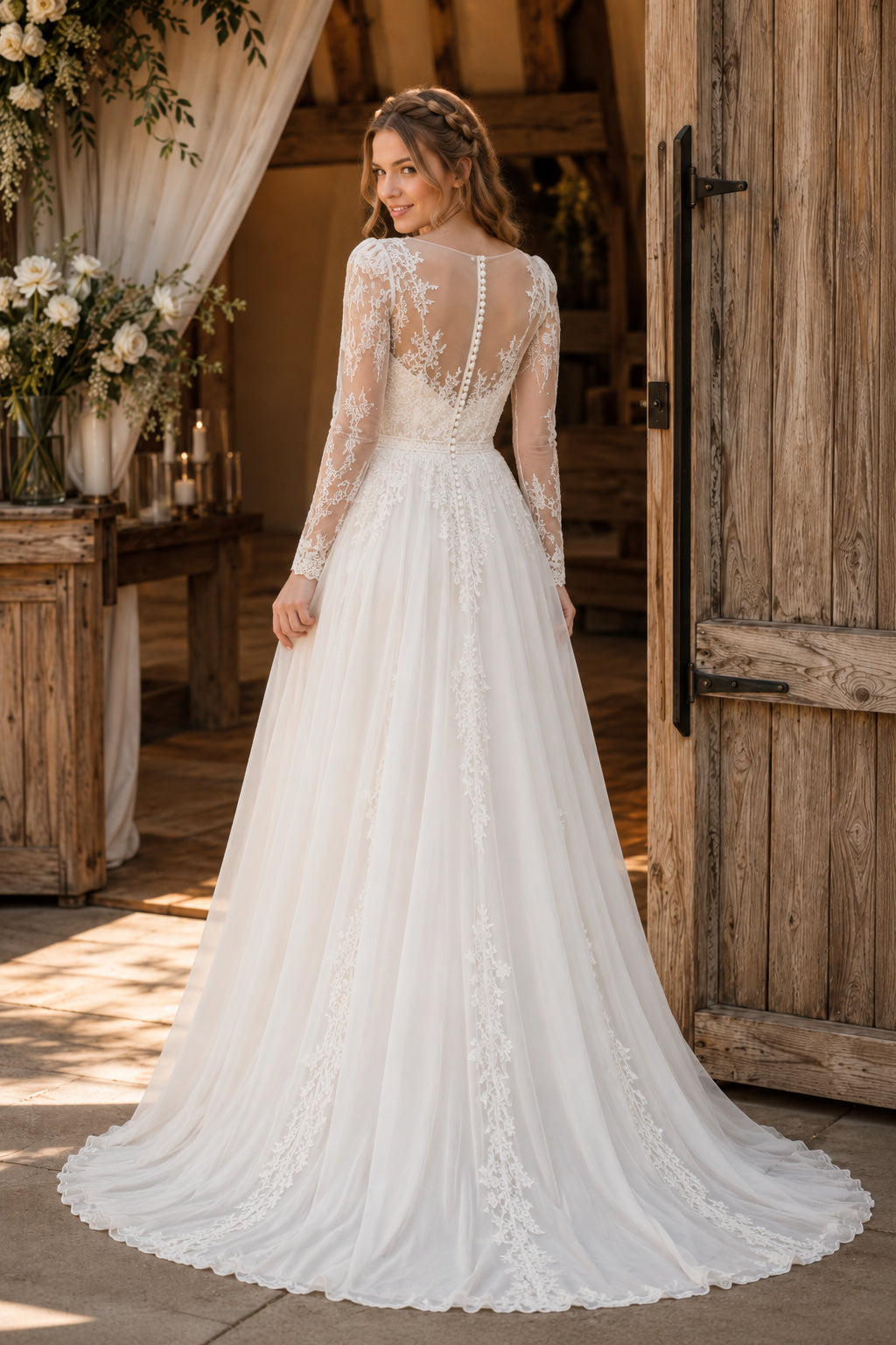 Ivory Romantic Square Neck A-Line Soft Tulle Wedding Dress with Long Lace Sleeves and Sweep Train back view