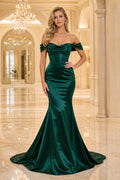 Dark Green Off-the-Shoulder Satin Mermaid Formal Dress with Ruching and Sweep Train front view