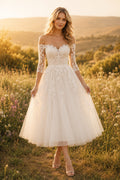 Ivory Off Shoulder Lace Tulle Tea Length Wedding Dress for Wedding Reception and Party Style MG_700976 front view