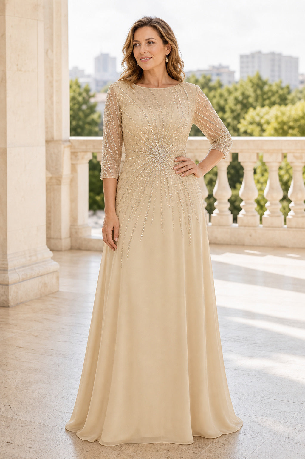 Champagne Bateau Long Sleeves A-Line Chiffon, Lace Floor-length Formal Dress With Lace