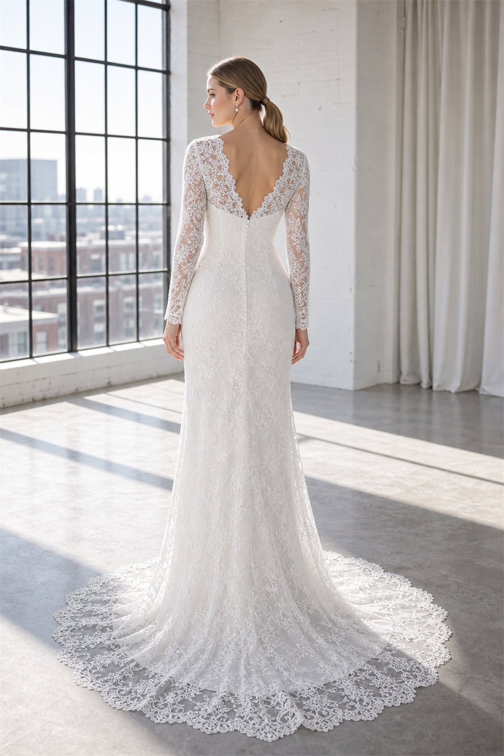 White Illusion Long Sleeves Mermaid Lace Floor-length Wedding Dress With Lace and Train and Open Back