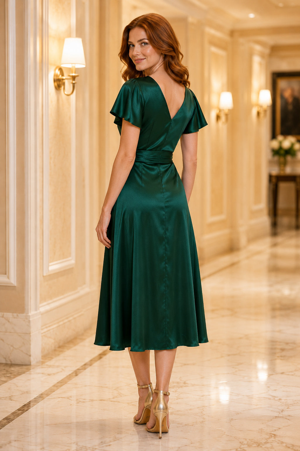 Dark Green Satin V-Neck Tea-Length Wrap Cocktail Dress with Flutter Sleeves and Split Front back view