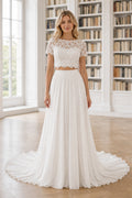 White Illusion Short Sleeves Two-Piece Chiffon, Lace Floor-length Wedding Dress With Lace and Two-Piece and Open Back