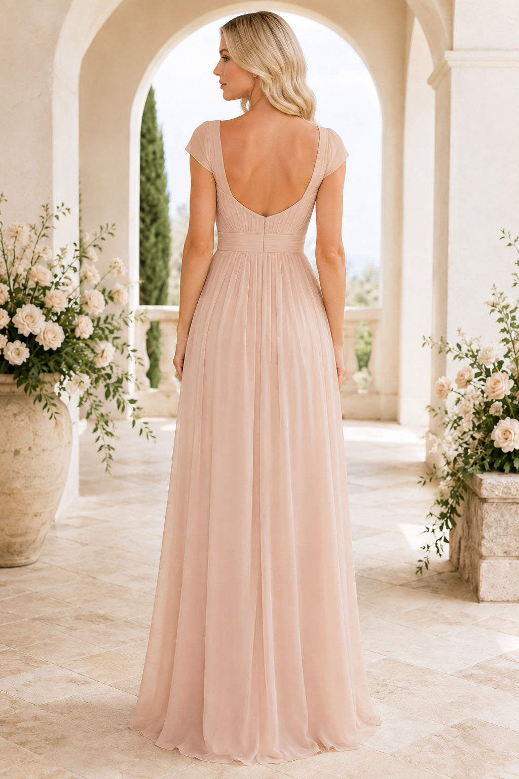 Blushing Pink Square Neck Chiffon A-Line Bridesmaid Dress with Cap Sleeves and Pleated Skirt back view