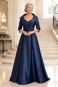 Dark Navy Satin A-Line Mother Dress with Shawl Collar Three Quarter Sleeves and Beaded Waist front view