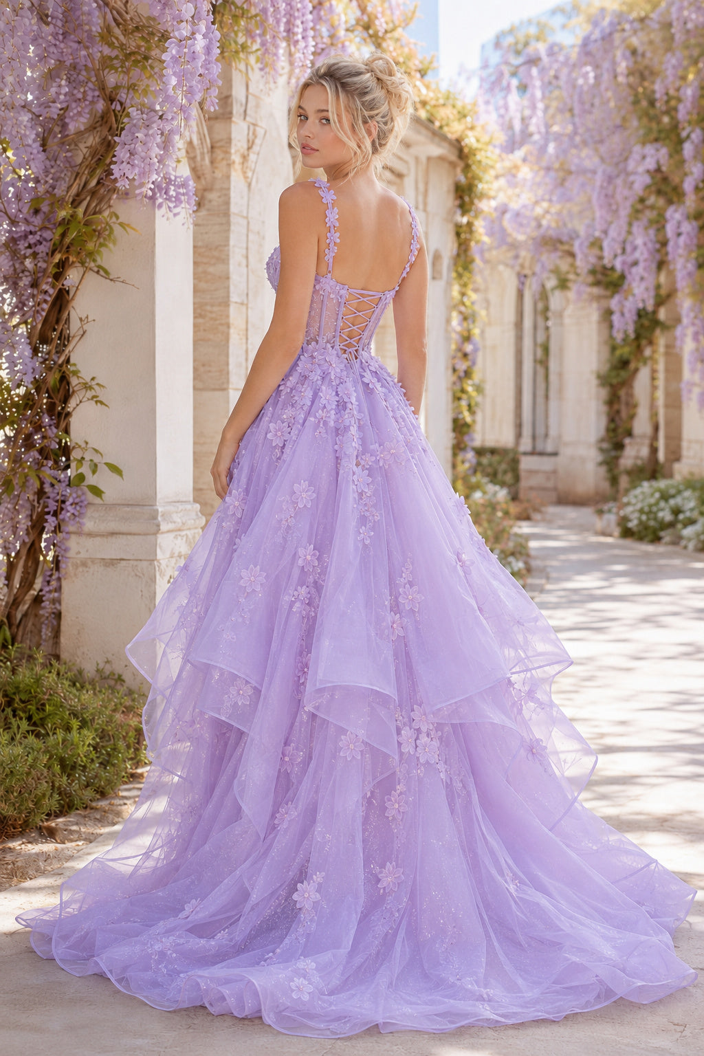 Lavender High-Low Prom Dress with 3D Flowers, One-Shoulder Strap and Ruffle Overskirt back view