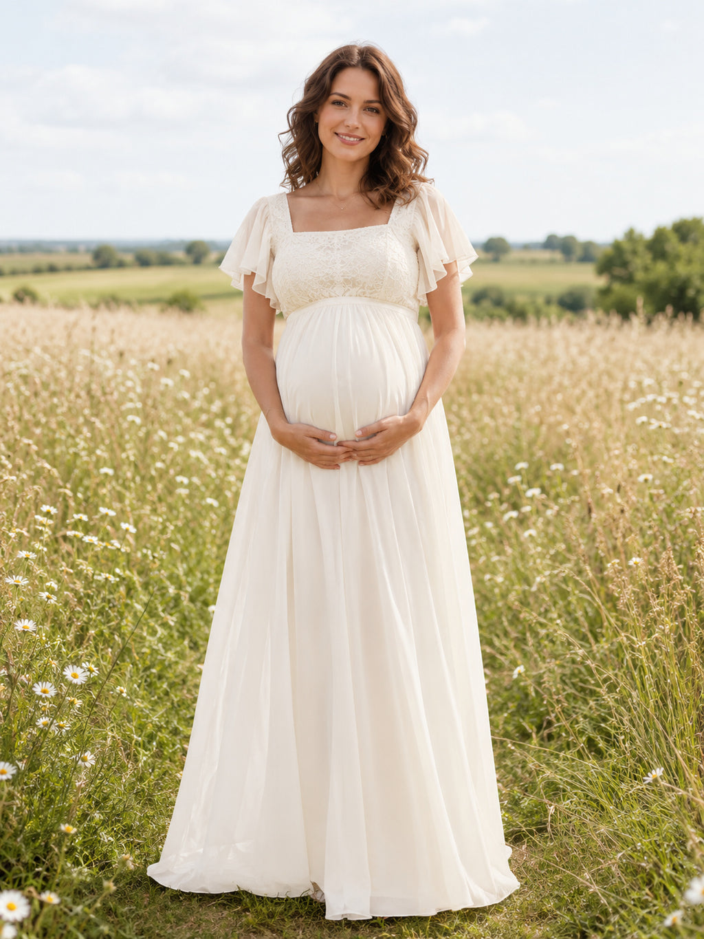 Square neck puff sleeve empire maternity chiffon maxi dress front view