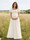 Square neck puff sleeve empire maternity chiffon maxi dress front view