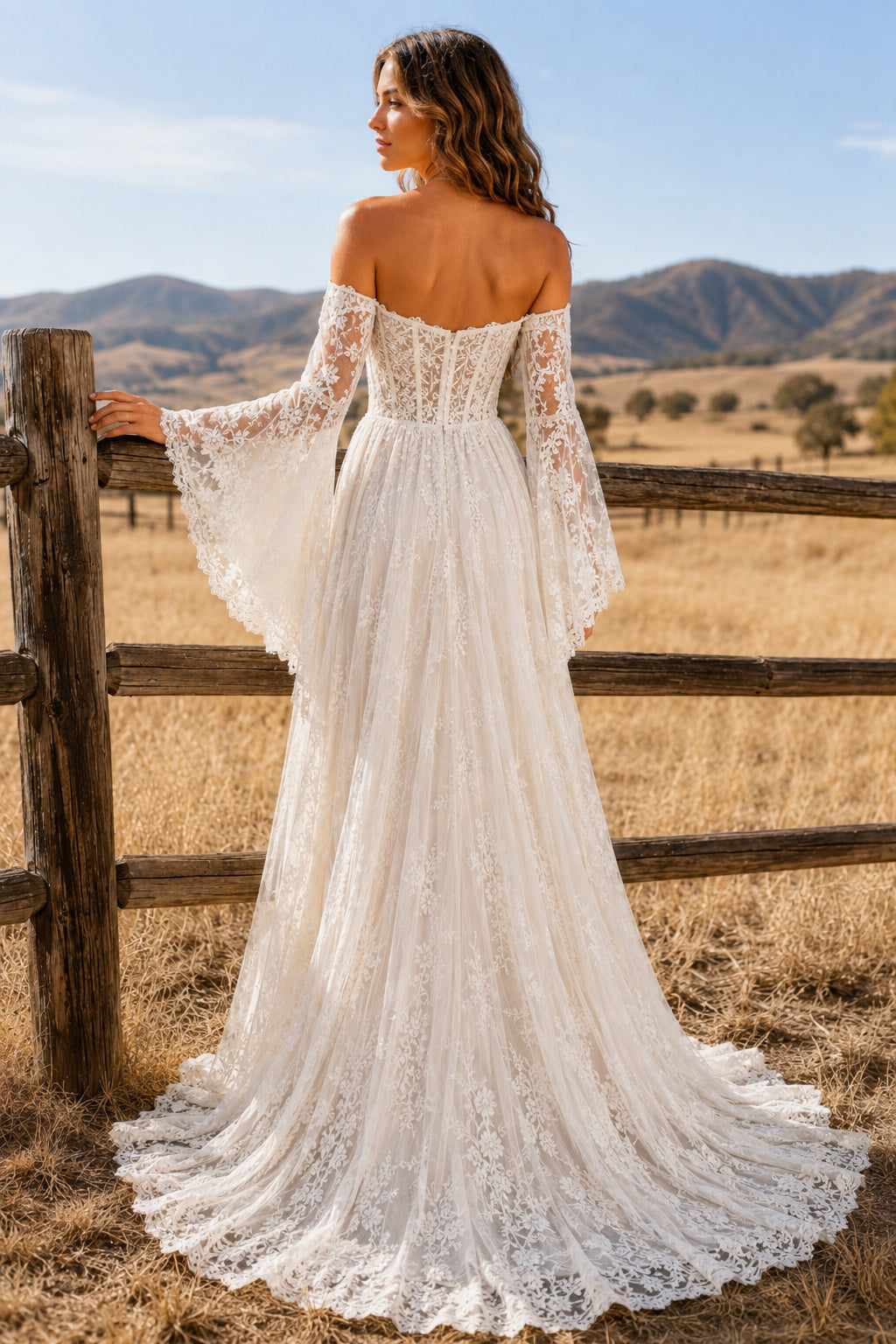 Off the Shoulder A-Line Wedding Dress with Lace Bell Sleeves and Front Split Train back view