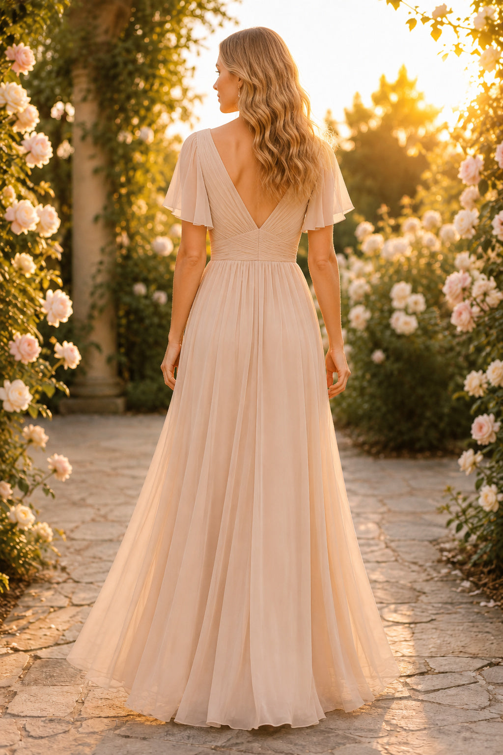 Champagne V-Neck Tulle A-Line Wedding Dress with Short Flutter Sleeves and Soft Skirt back view