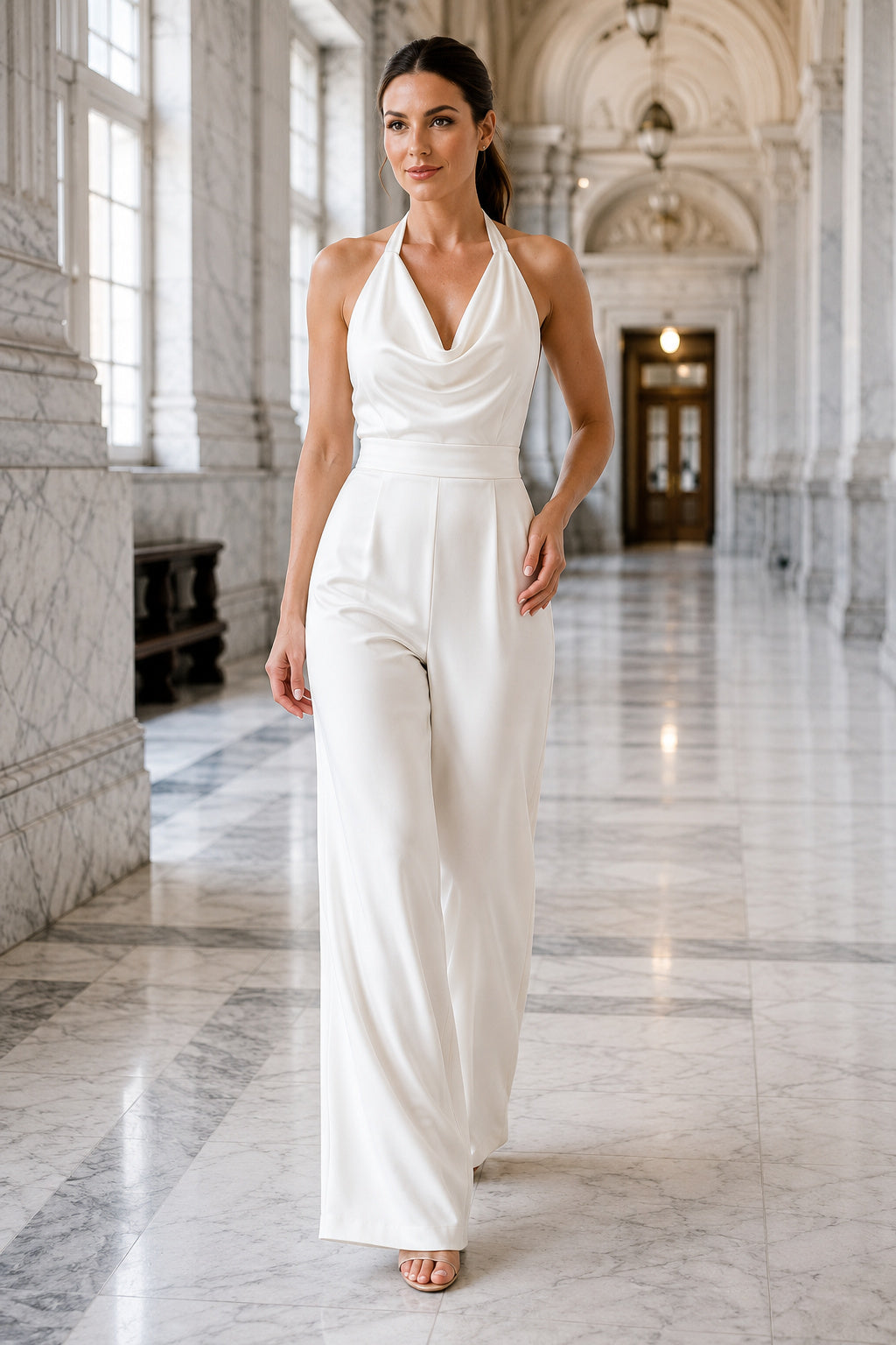 White Halter Cowl Backless Satin Wedding Jumpsuit front view