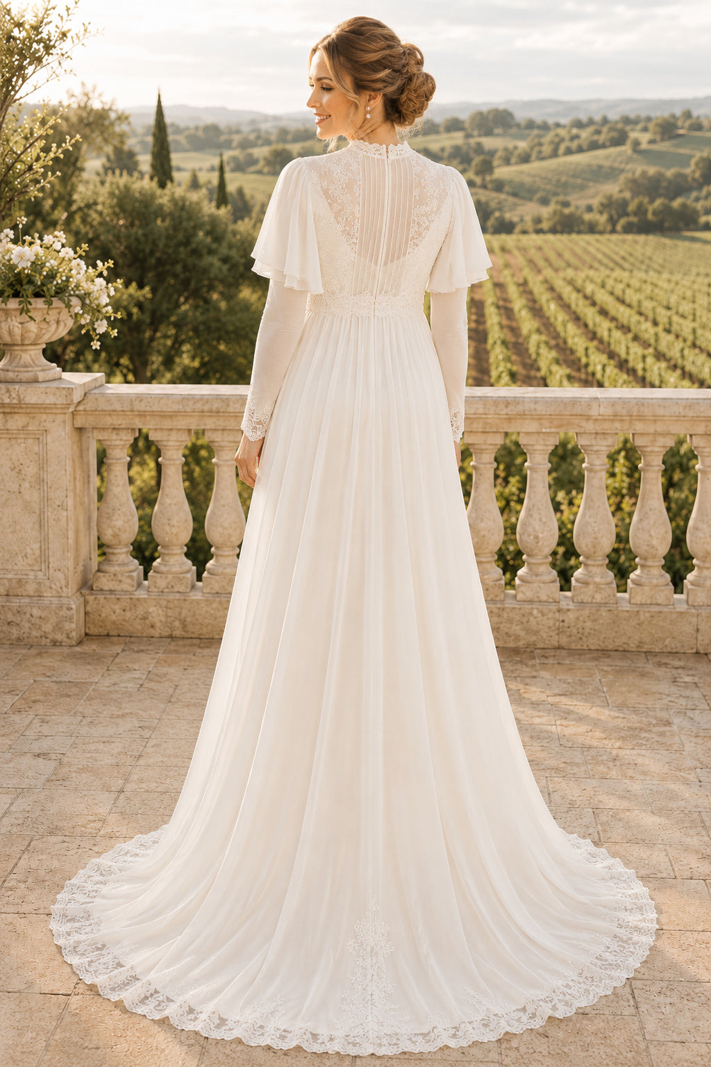 Ivory Maternity High Neck Cape Sleeve Chiffon A-Line Wedding Dress with Sheer Back back view