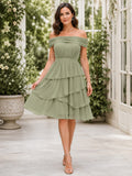 Sage Off-the-shoulder Tiered Cocktail Dress front view