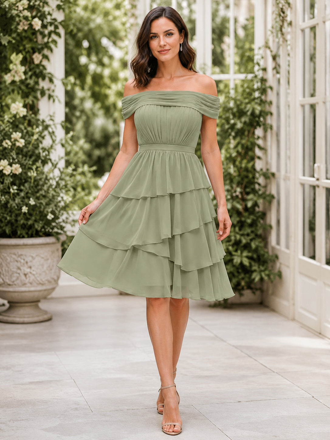Sage Off-the-shoulder Tiered Cocktail Dress front view