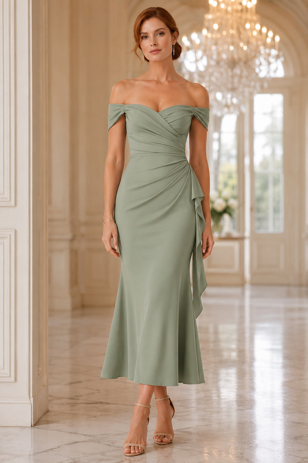 Sage Green Wedding Guest Sheath Dress Style MG_301562 front view