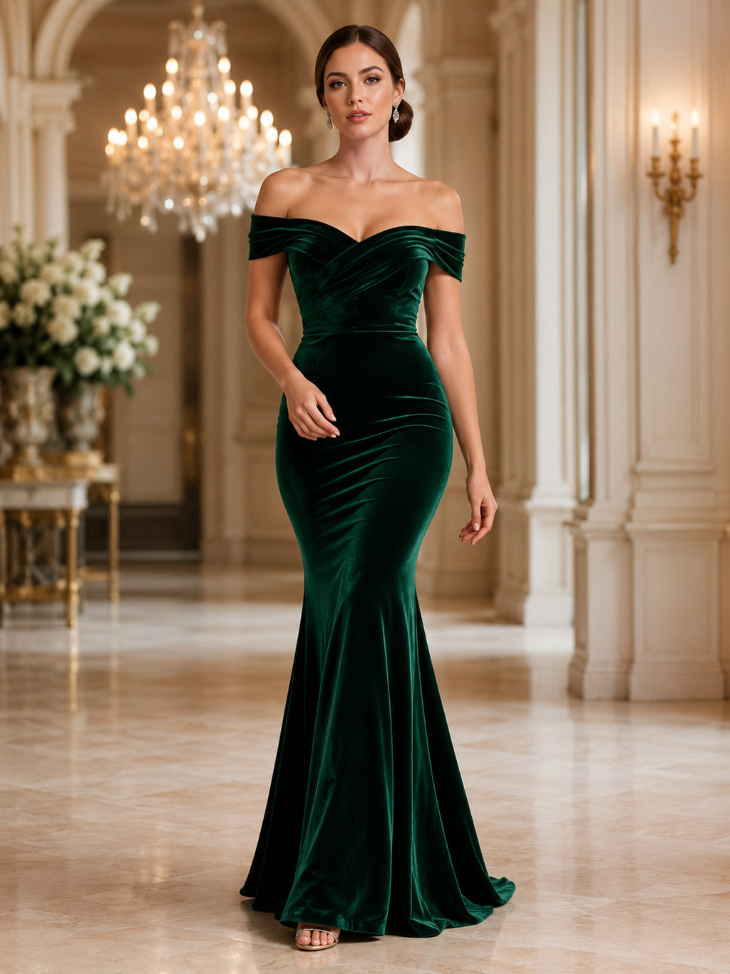 Dark Green Black Tie Wedding Guest Bridesmaid Evening Formal Dress Mermaid Trumpet Floor-Length Off-Shoulder Sleeveless Velve