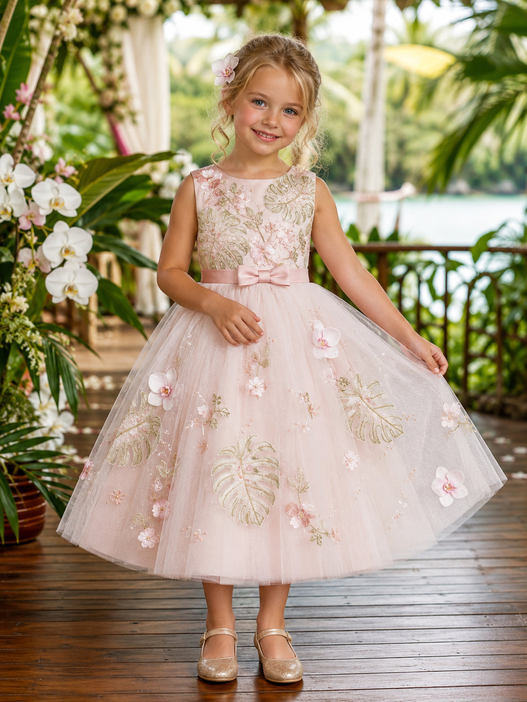 Bohemian Romantic Flower Girl Dress Jewel Neck Sleeveless Blushing Pink Tulle Tea Length Botanical Applique front view