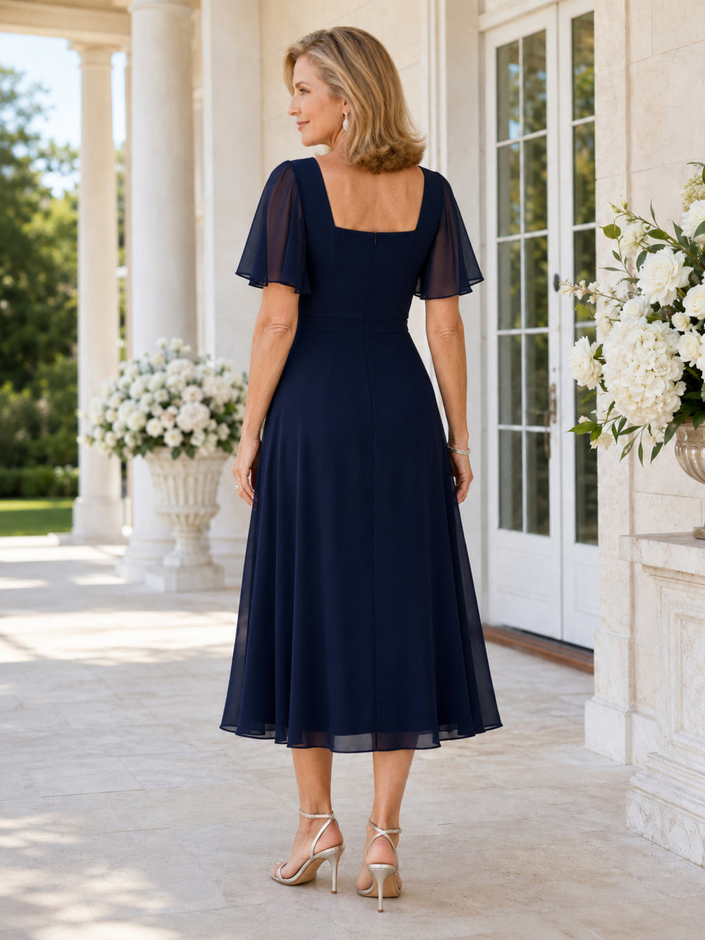 Dark Navy Square Neck Flutter Sleeve Midi Guest Dress back view