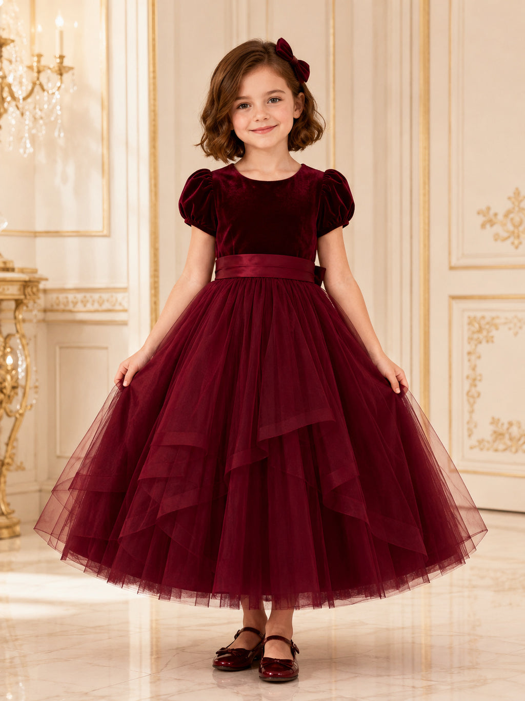 Flower Girl Dress A-Line Burgundy Custom Size Velvet Tulle Puff Sleeve Bow front view