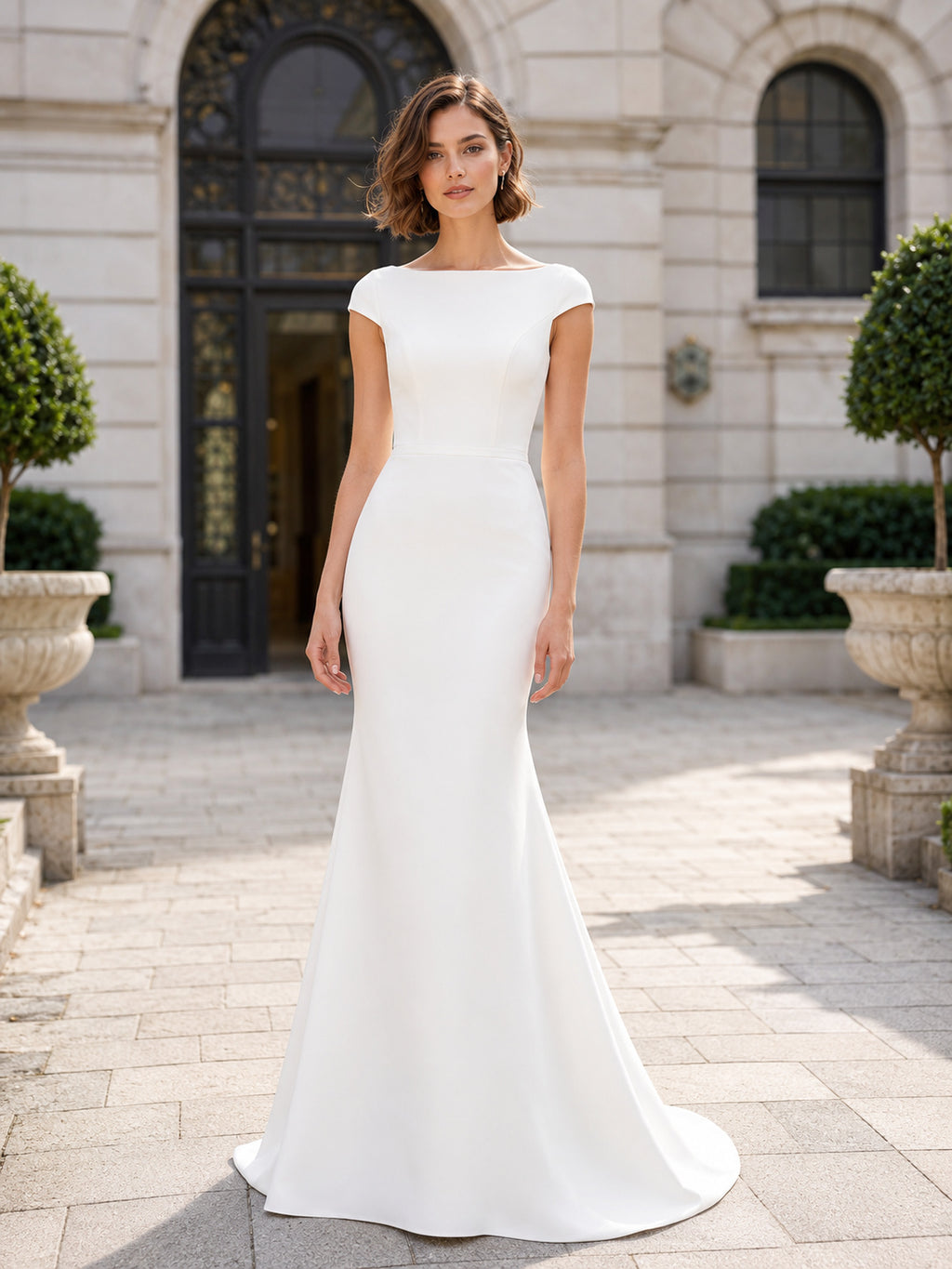 Cap Sleeve Crepe Sheath Minimalist Courthouse Bridal Gown front view
