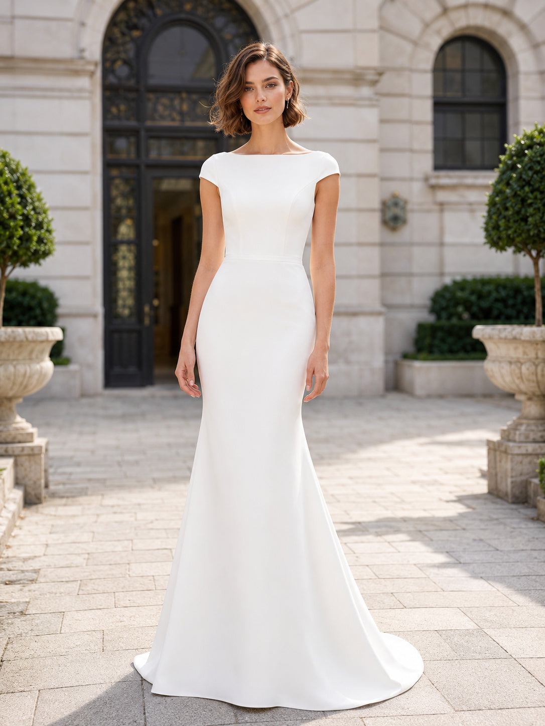 Cap Sleeve Crepe Sheath Minimalist Courthouse Bridal Gown front view