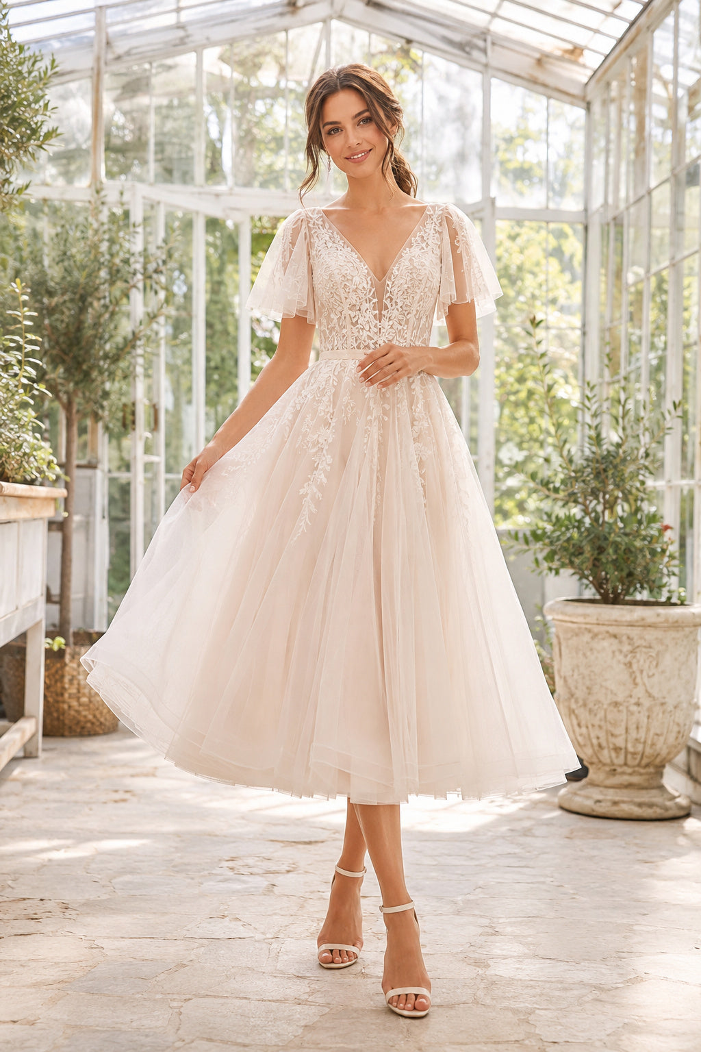 Ivory Cap Sleeve V-Neck Applique Tea Length Wedding Dress for Wedding Reception and Party Style MG_700977 front view